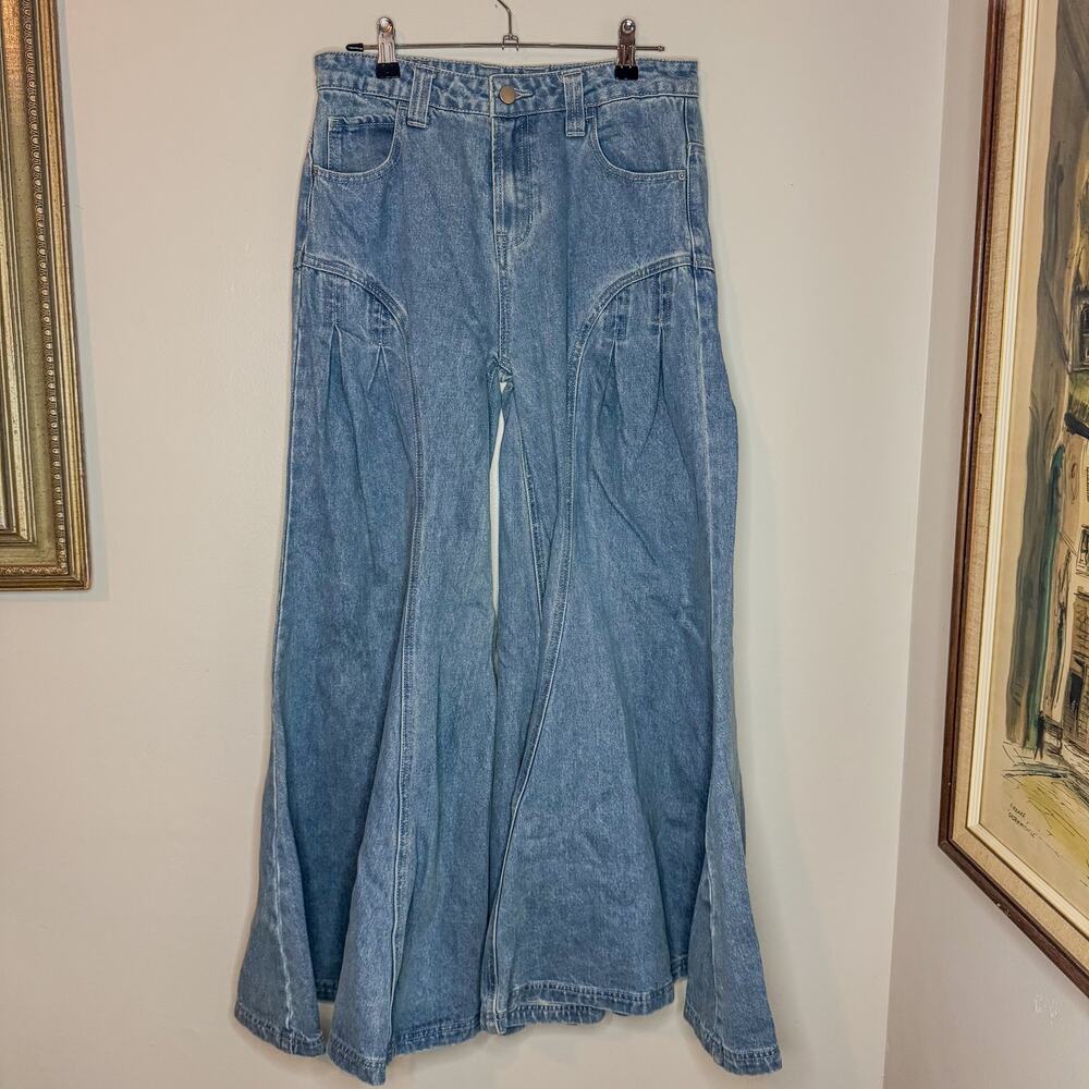 BiB! Extreme Flare Wide Leg Denim Jeans Seamed Patchwork Light Wash Small